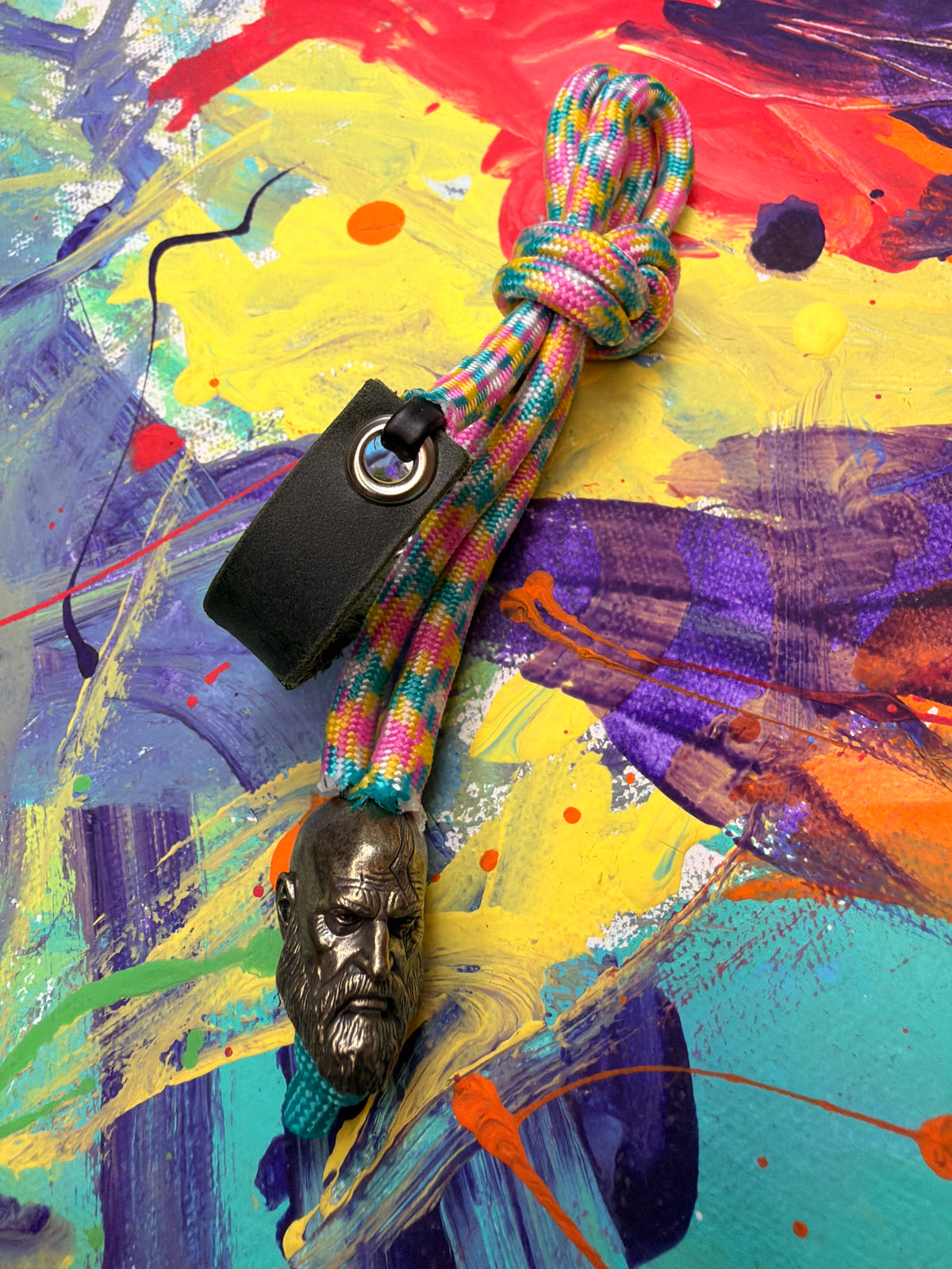 Pink Yellow & Green Paracord EDC - Frameless Slingshot w/ Kratos Charm - Green Leather