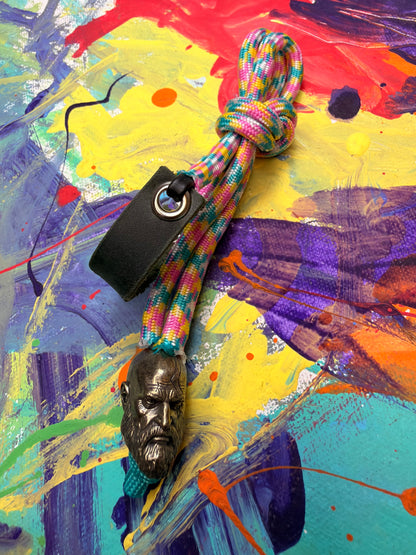 Pink Yellow & Green Paracord EDC - Frameless Slingshot w/ Kratos Charm - Green Leather