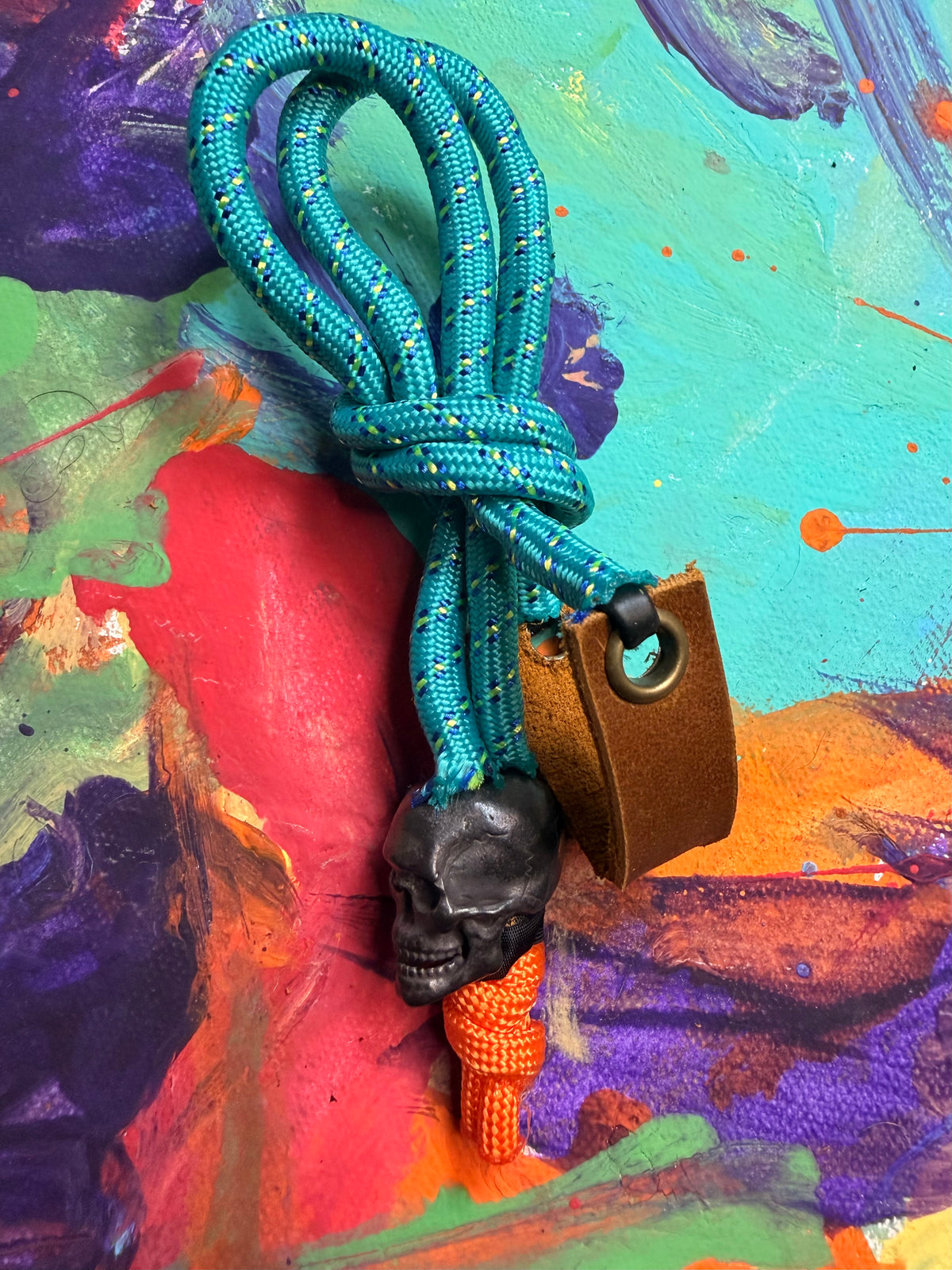 Mint & Orange Paracord EDC - Frameless Slingshot w/ Skull Charm - Genuine Leather