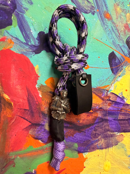 Purple & White Paracord EDC - Frameless Slingshot w/ Knight Charm - Black Leather