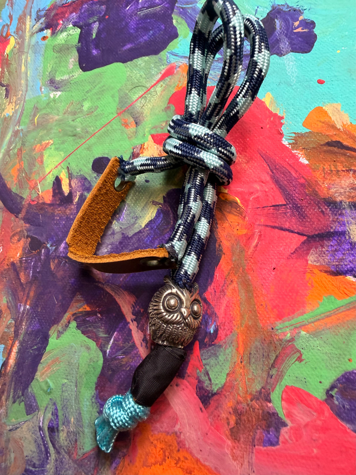 Navy & Light Blue Paracord EDC - Frameless Slingshot w/ Owl Charm - Genuine Leather