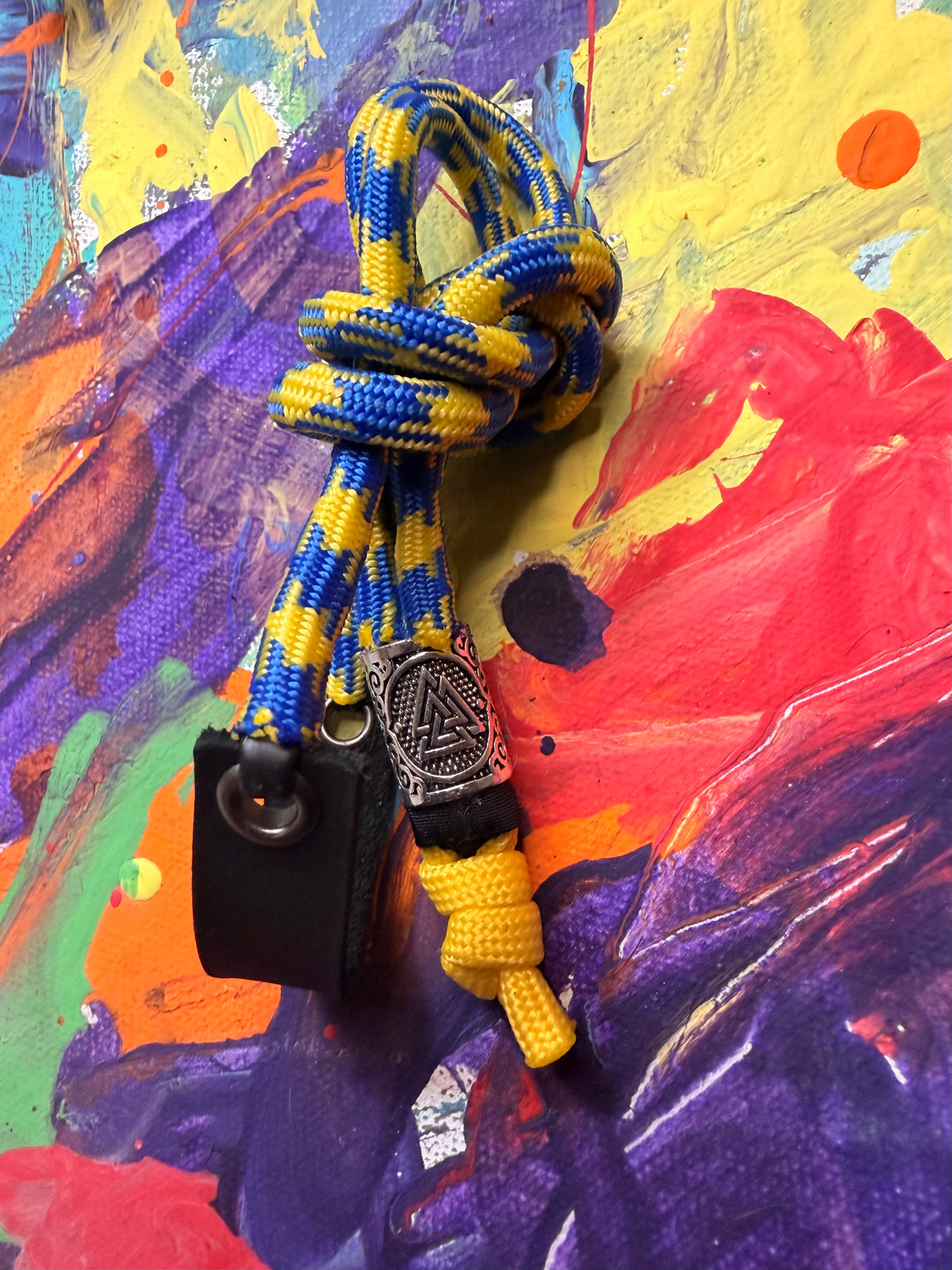 Blue & Yellow Paracord EDC - Frameless Slingshot w/ Nordic Charm - Black Leather