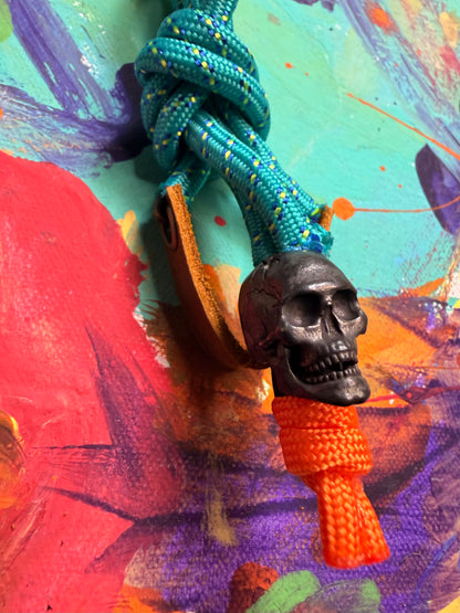 Mint & Orange Paracord EDC - Frameless Slingshot w/ Skull Charm - Genuine Leather