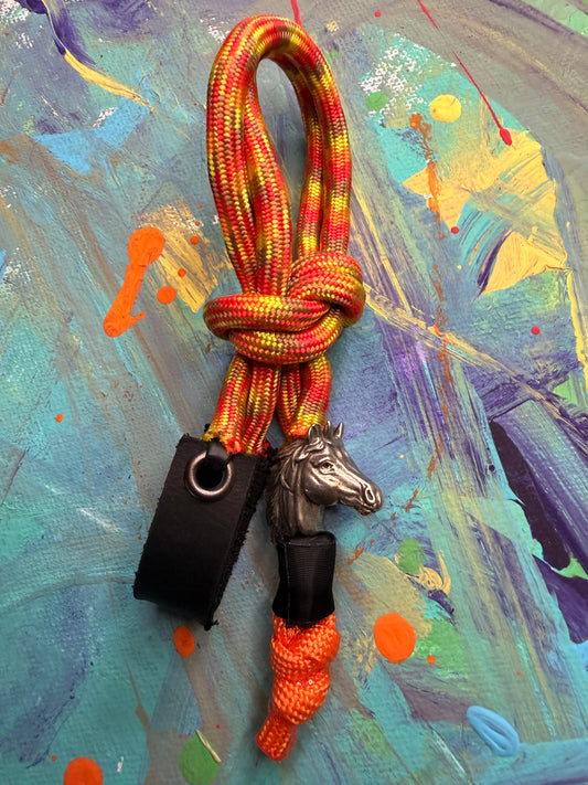 Orange Yellow & Brown Paracord EDC - Frameless Slingshot w/ Horse Charm - Black Leather