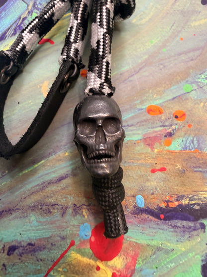 Black & White Paracord EDC - Frameless Slingshot w/ Black Skull Charm- Black Leather