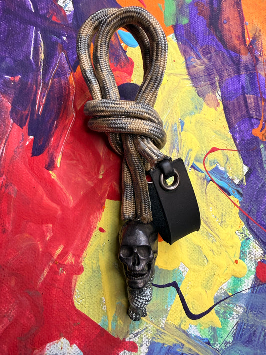 Gray & Tan Paracord EDC - Frameless Slingshot w/ Black Skull Charm- Black Leather