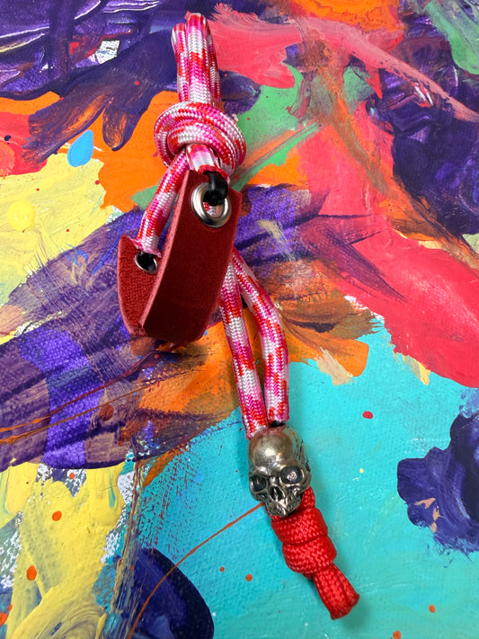 Pink & Red Paracord EDC - Frameless Slingshot w/ jawless Skull Charm - Red Leather