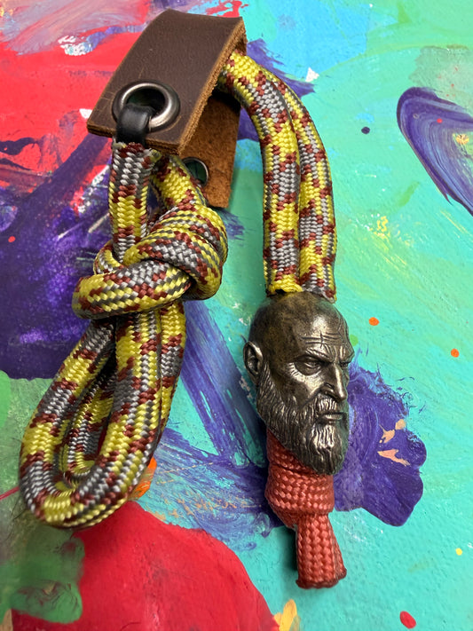 Yellow & Gray Paracord EDC - Frameless Slingshot w/ Kratos Charm - Brown Leather