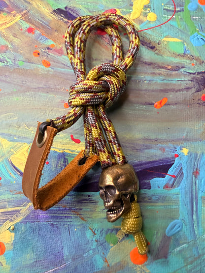 Mustard Yellow & Gray Paracord EDC - Frameless Slingshot w/ Skull Charm - Genuine Leather
