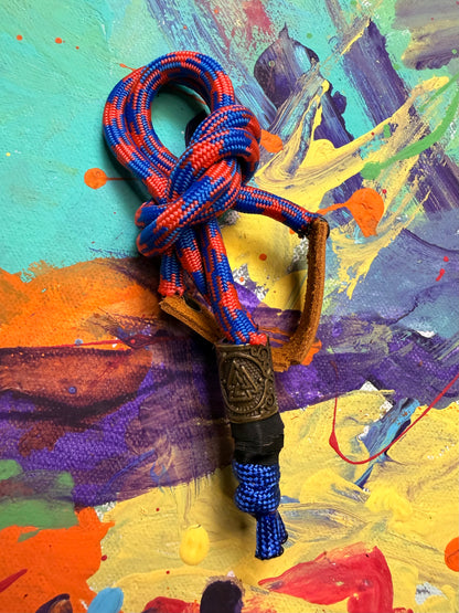 Blue & Red Paracord EDC - Frameless Slingshot w/ Nordic Charm - Genuine Leather