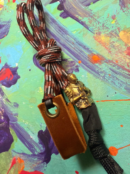 Brown & White Paracord EDC - Frameless Slingshot w/ Knight Charm - Genuine Leather