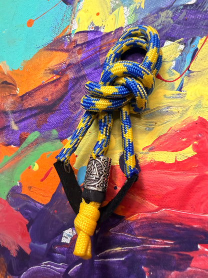 Blue & Yellow Paracord EDC - Frameless Slingshot w/ Nordic Charm - Black Leather