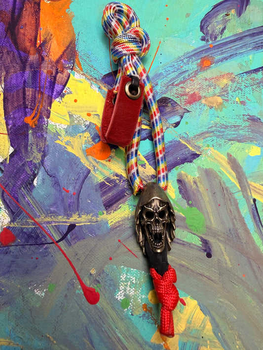 Multicolored Paracord EDC - Frameless Slingshot w/ Monster Skull Charm - Red Leather