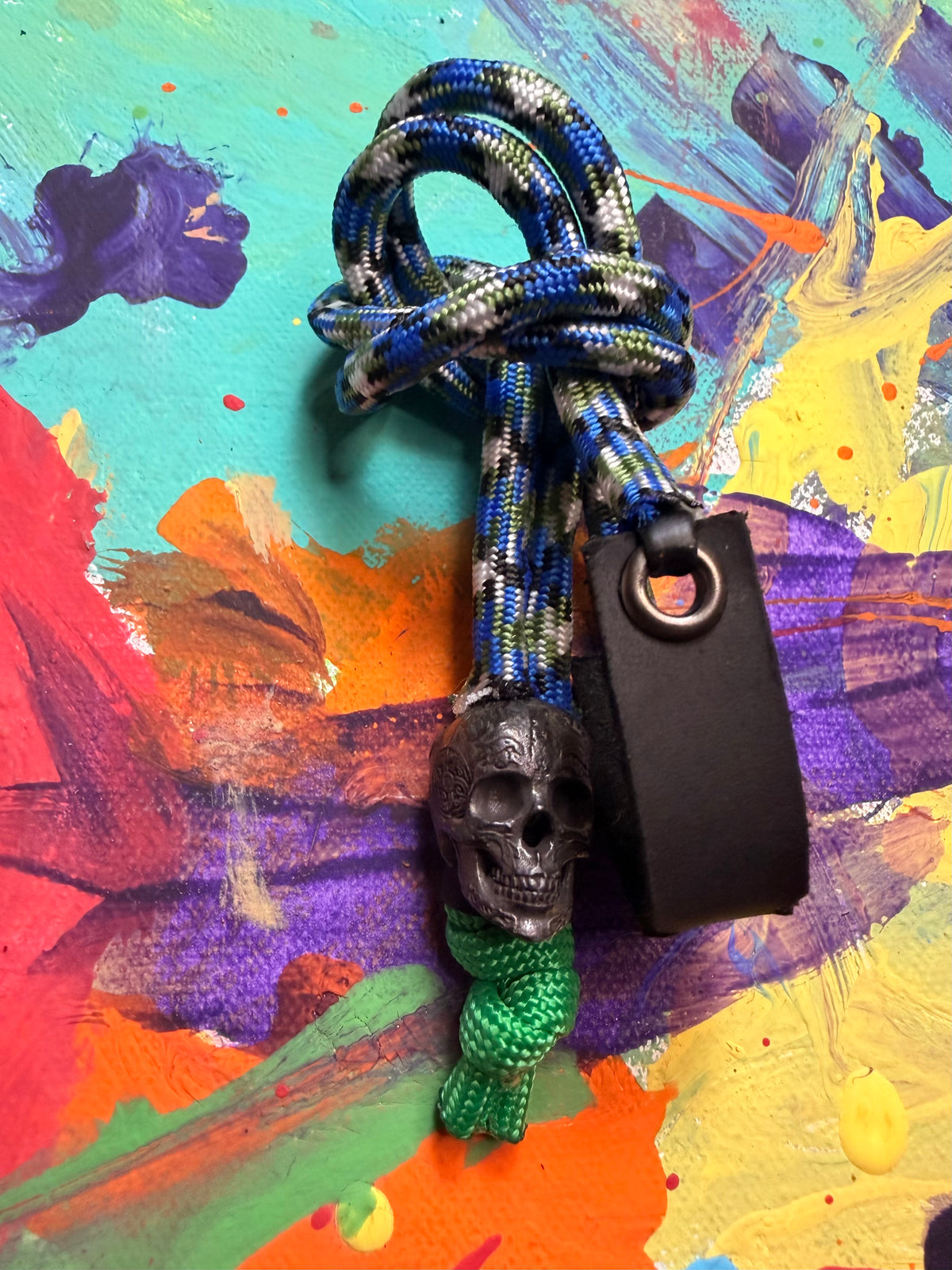 Blue & Green Paracord EDC - Frameless Slingshot w/ Black Skull Charm- Black Leather