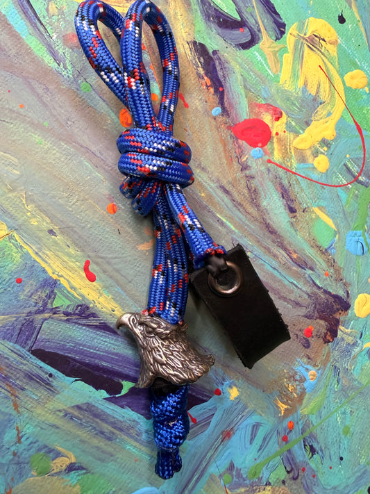 Blue Red & White Paracord EDC - Frameless Slingshot w/ Eagle Head - Black Leather