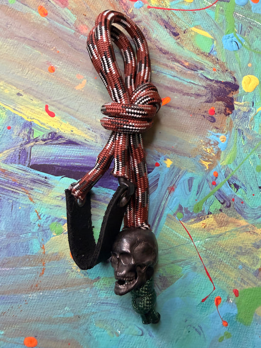 Brown Camo Paracord EDC - Frameless Slingshot w/ Black Skull Charm- Black Leather