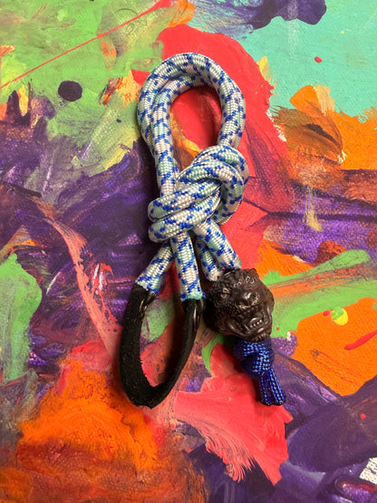 Blue & White Paracord EDC - Frameless Slingshot w/ Jaguar Charm - Black Leather