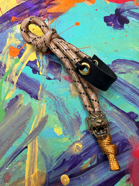 Desert Brown Paracord EDC - Frameless Slingshot w/ Jaguar Charm - Black Leather