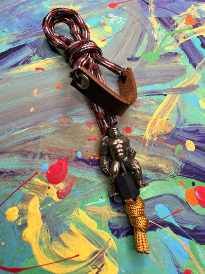 Brown Camo Paracord EDC - Frameless Slingshot w/ King Kong Charm - Brown Leather