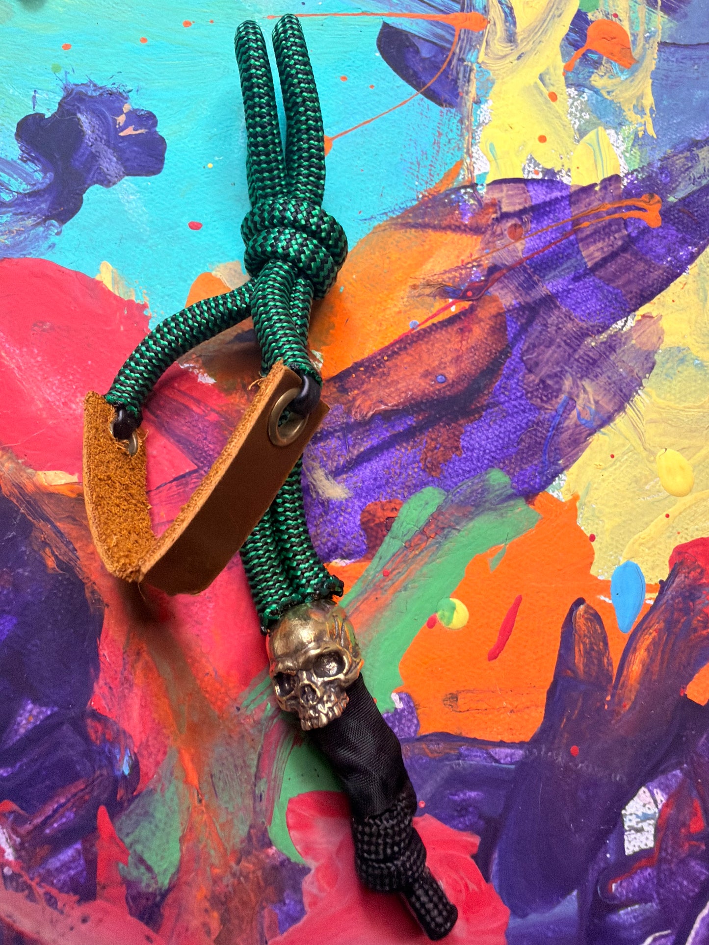 Green & Black Paracord EDC - Frameless Slingshot w/ jawless Skull Charm - Genuine Leather