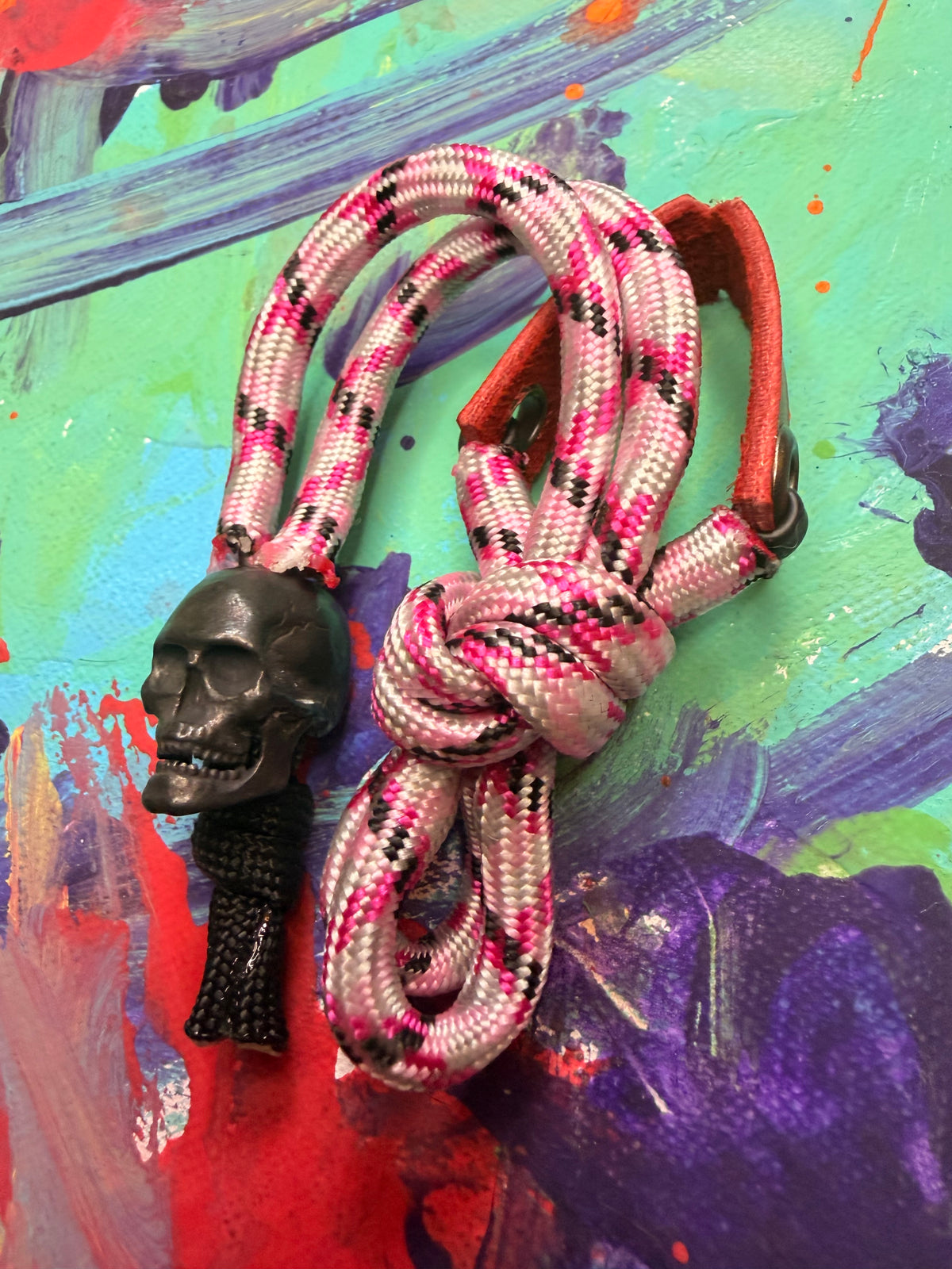 Pink & Black Paracord EDC - Frameless Slingshot w/ Black Skull Charm- Red Leather