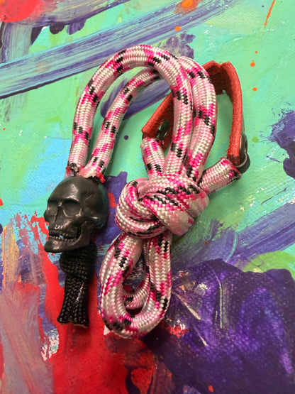 Pink & Black Paracord EDC - Frameless Slingshot w/ Black Skull Charm- Red Leather
