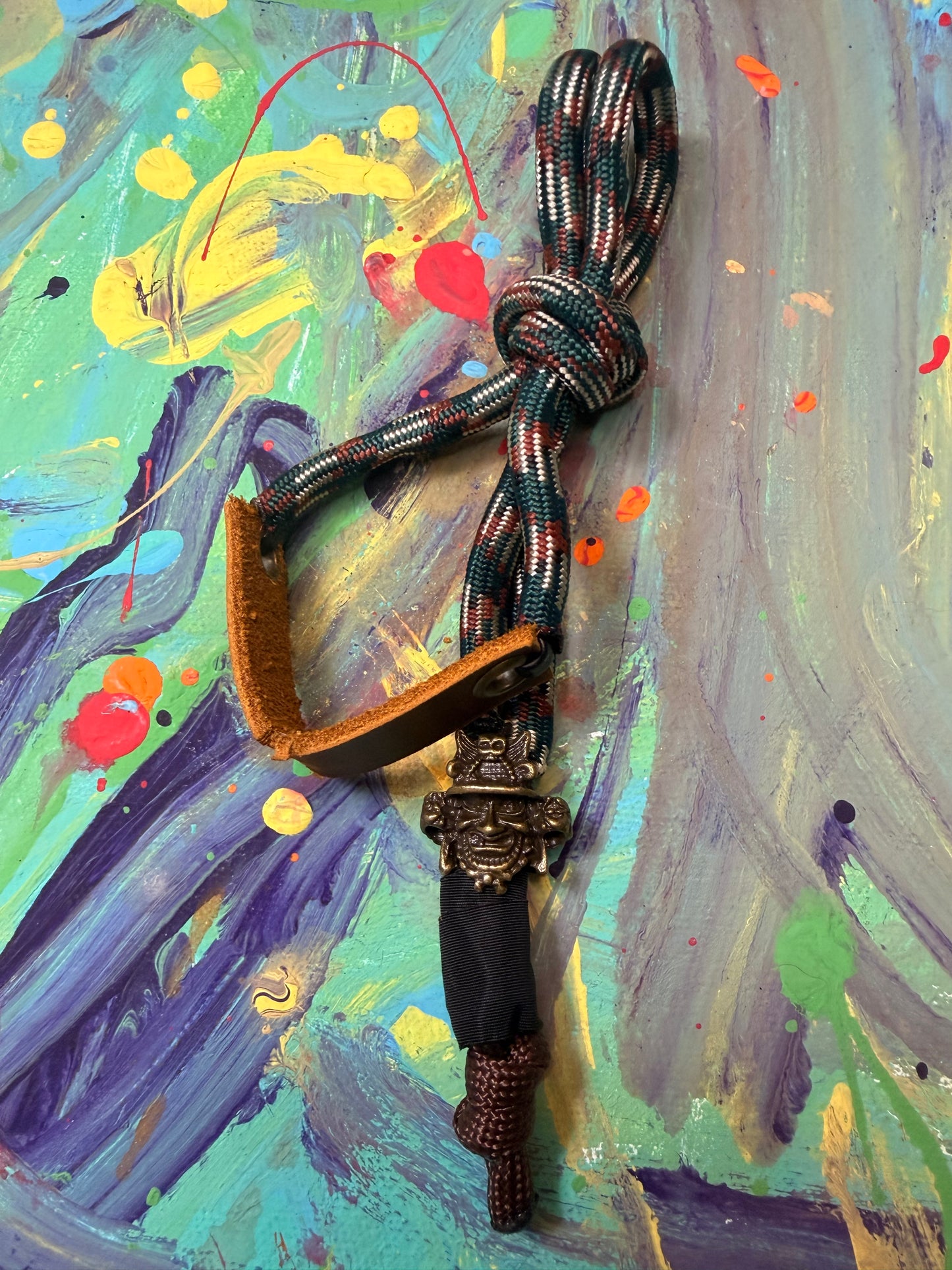 Brown & Green Paracord EDC - Frameless Slingshot Warrior Charm - Genuine Leather