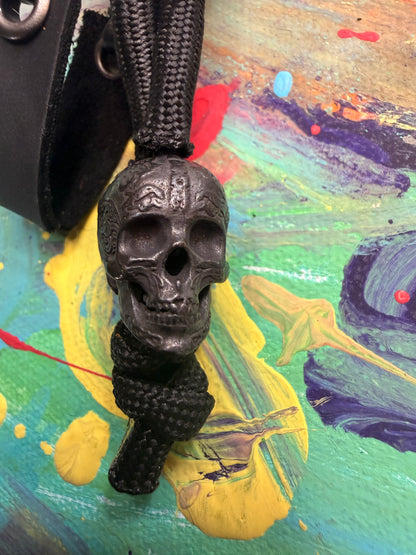 Black on Black Paracord EDC - Frameless Slingshot w/ Black Skull Charm- Black Leather