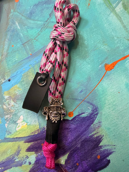 Pink & Black Paracord EDC - Frameless Slingshot w/ Warrior Charm - Black Leather