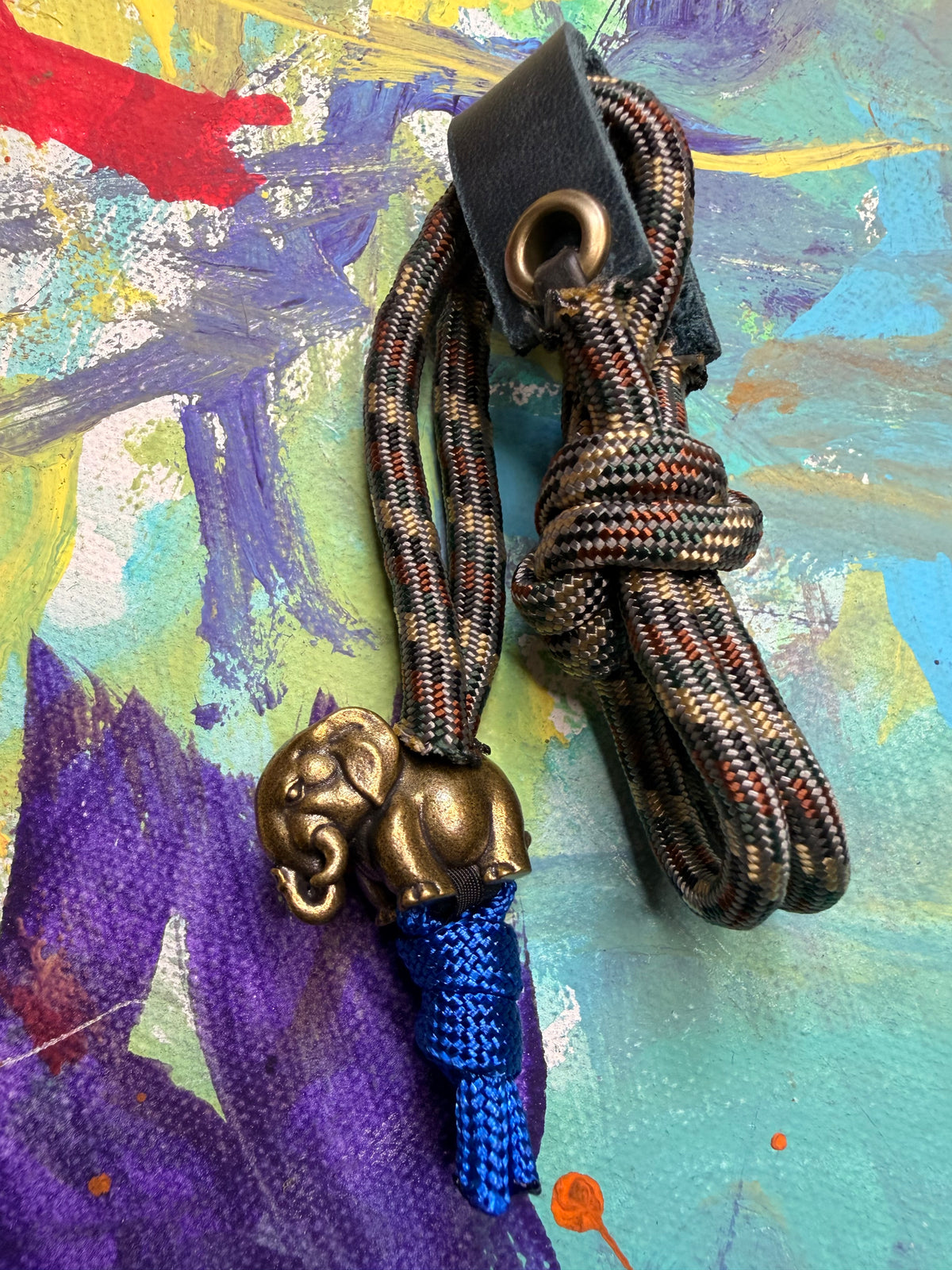 Dark Camo Paracord EDC - Frameless Slingshot w/ Elephant Charm  - Blue Leather