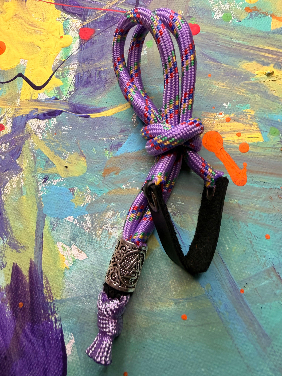 Purple & Multicolored Paracord EDC - Frameless Slingshot w/ Nordic Charm - Black Leather