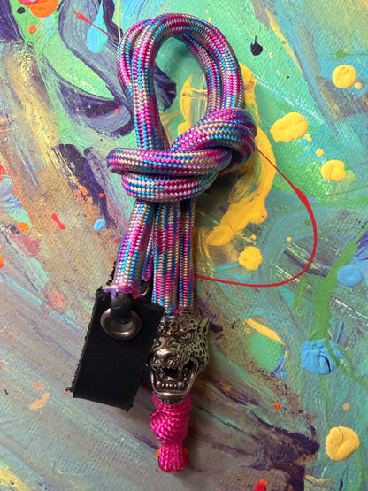 Blue & Pink Paracord EDC - Frameless Slingshot w/ Jaguar Charm - Black Leather
