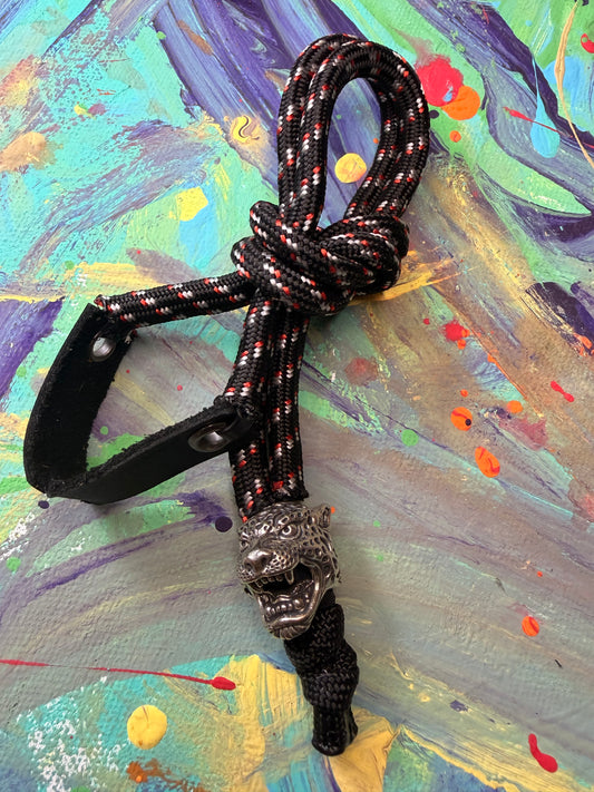 Black Red & White Paracord EDC - Frameless Slingshot w/ Jaguar Charm - Black Leather