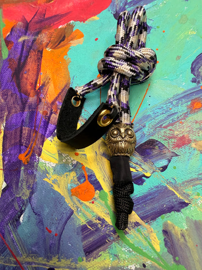 **Ryan Custom** Purple & Black Paracord EDC - Frameless Slingshot w/ Owl Charm - Black Leather