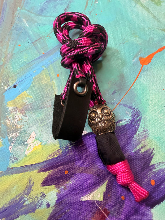 Pink & Black Paracord EDC - Frameless Slingshot w/ Owl Charm - Black Leather