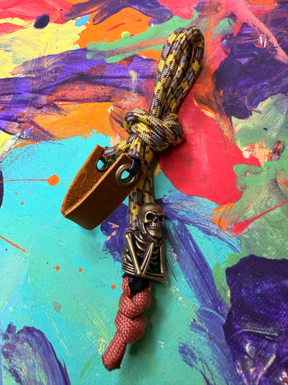 Gray & Yellow Paracord EDC - Frameless Slingshot w/ Emo Skeleton Charm - Genuine Leather