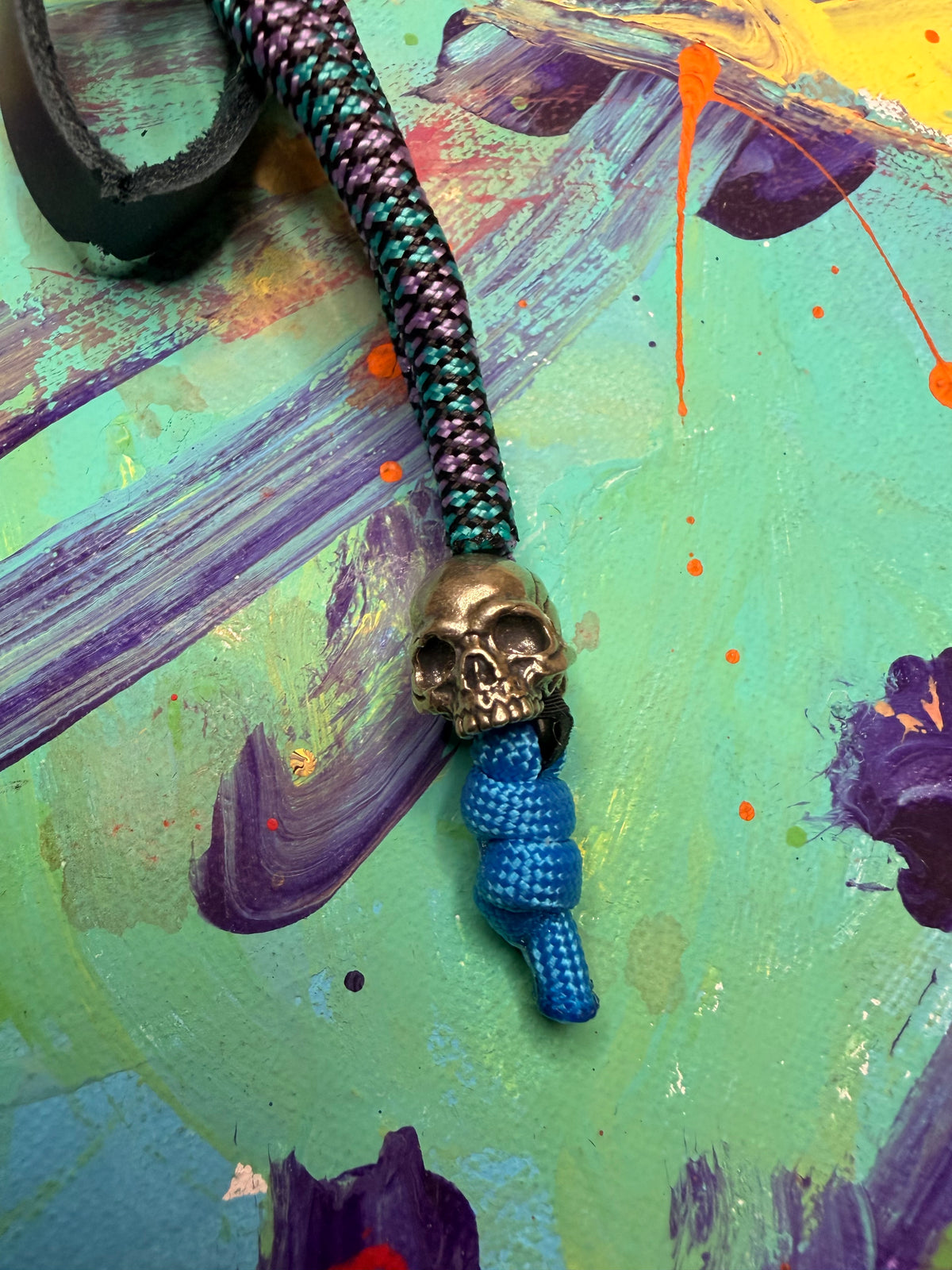 Purple & Teal Paracord EDC - Frameless Slingshot w/ Jawless Skull Charm - Blue Leather