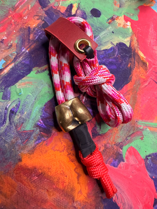 Pink Red & White Paracord EDC - Frameless Slingshot w/ Memento Mori Skull Charm - Red Leather