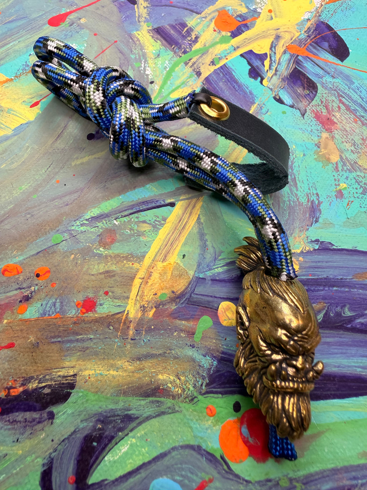Blue Camo Paracord EDC - Frameless Slingshot w/ Large Orc Head - Blue Leather