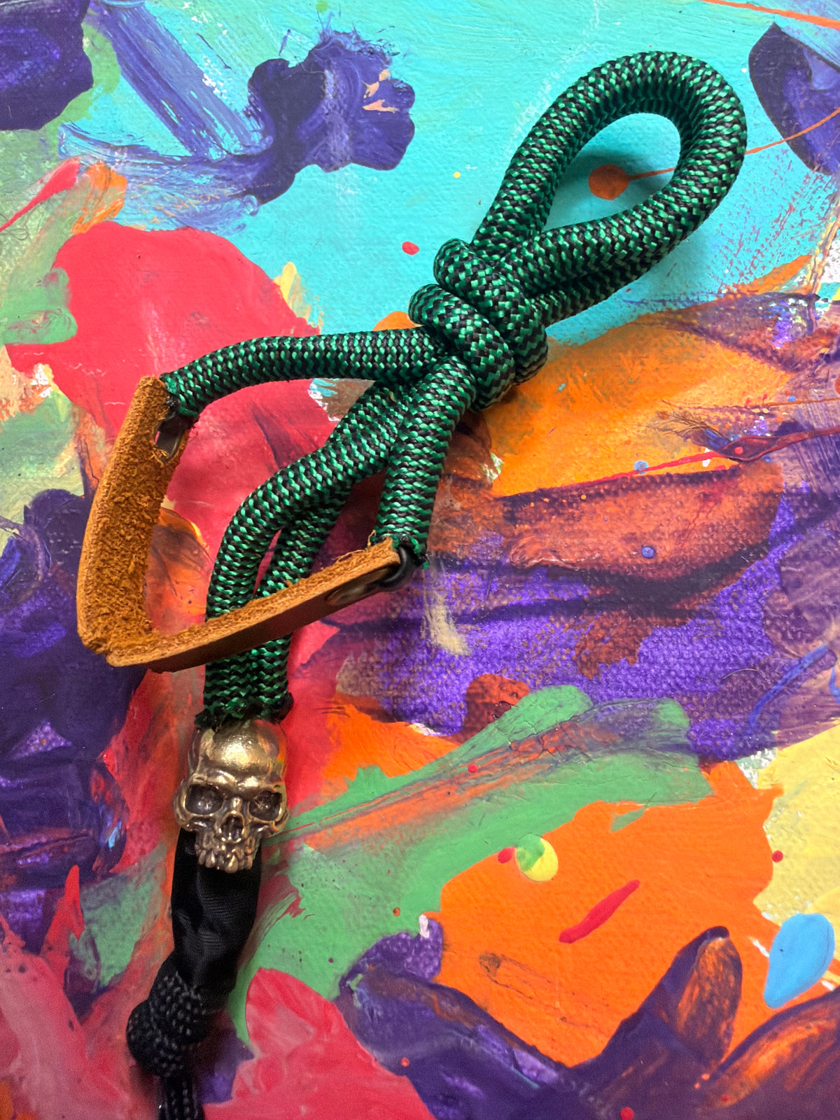 Green & Black Paracord EDC - Frameless Slingshot w/ jawless Skull Charm - Genuine Leather