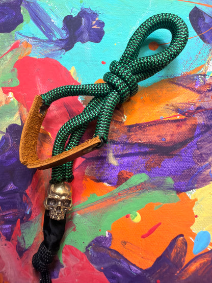 Green & Black Paracord EDC - Frameless Slingshot w/ jawless Skull Charm - Genuine Leather