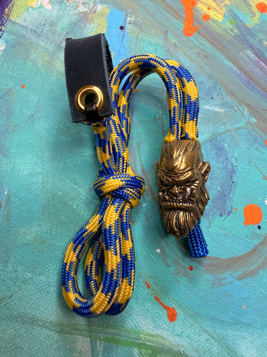 Blue Yellow Paracord EDC - Frameless Slingshot w/ Large Orc Head - Blue Leather