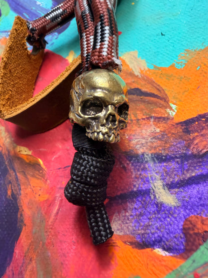 Brown & White Paracord EDC - Frameless Slingshot w/ jawless Skull Charm - Genuine Leather