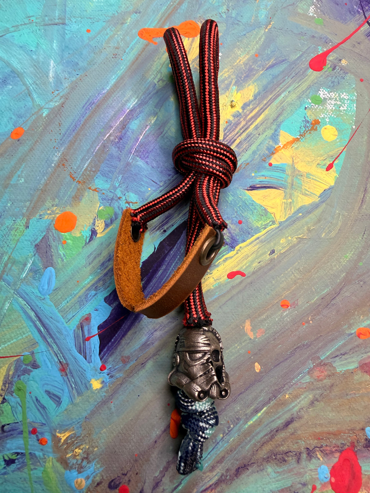 ** Ana Custom** Red & Black Paracord EDC - Frameless Slingshot w/ Storm Trooper Charm - Genuine Leather