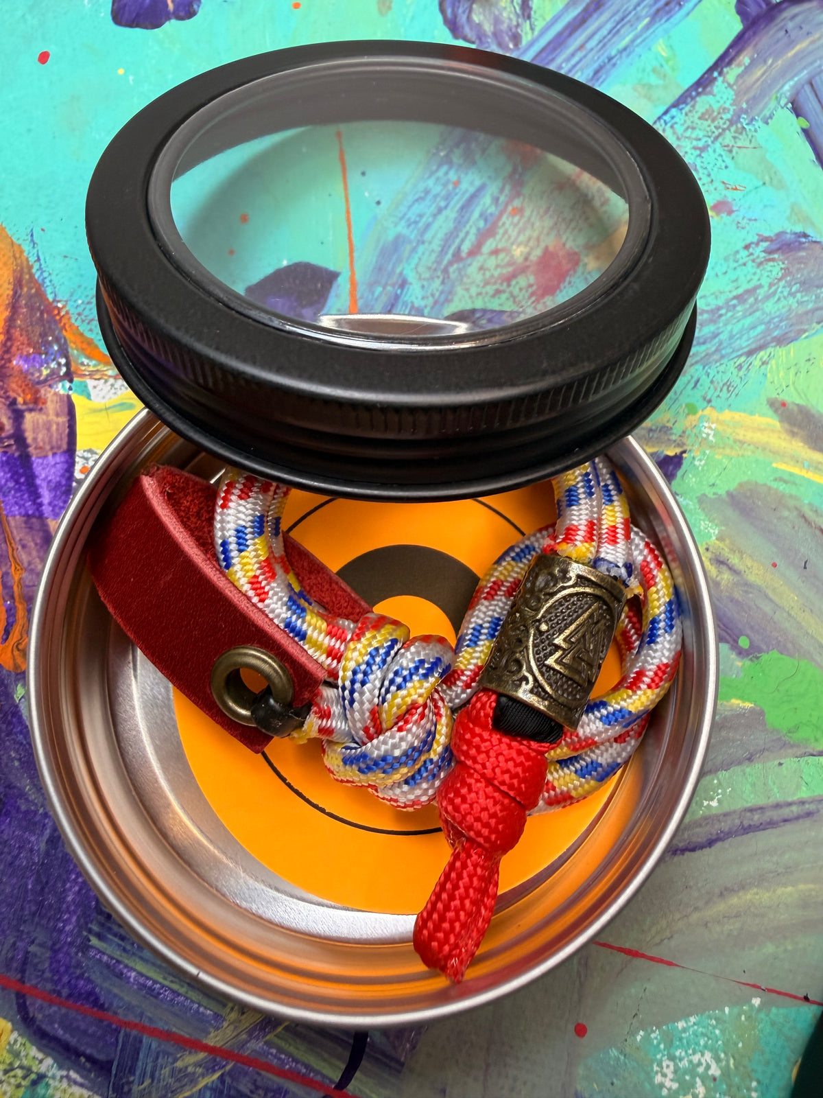 Red Blue & Yellow Paracord EDC - Frameless Slingshot w/ Nordic Charm - Red Leather