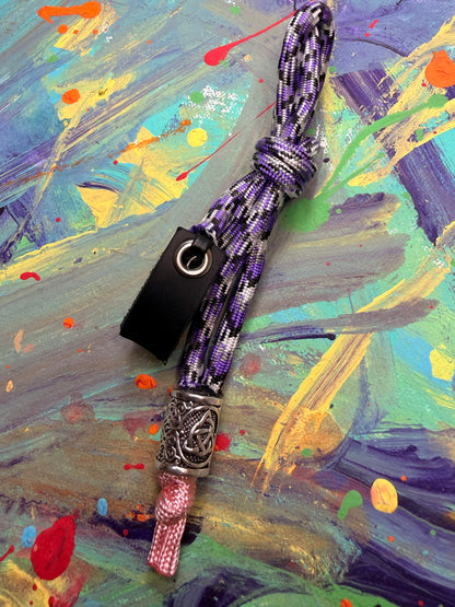 Purple & White Paracord EDC - Frameless Slingshot w/ Nordic Charm - Black Leather