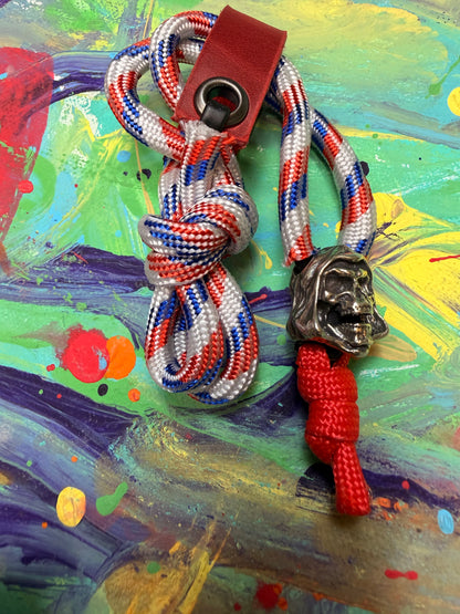 Red White & Blue Paracord EDC - Frameless Slingshot w/ Reaper Charm - Red Leather