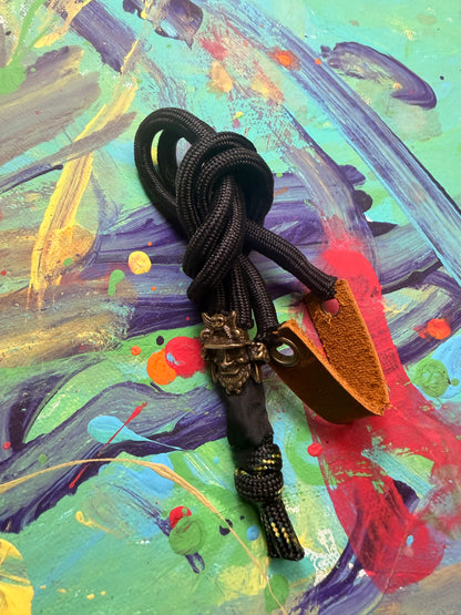 Black Paracord EDC - Frameless Slingshot Warrior Charm - Genuine Leather