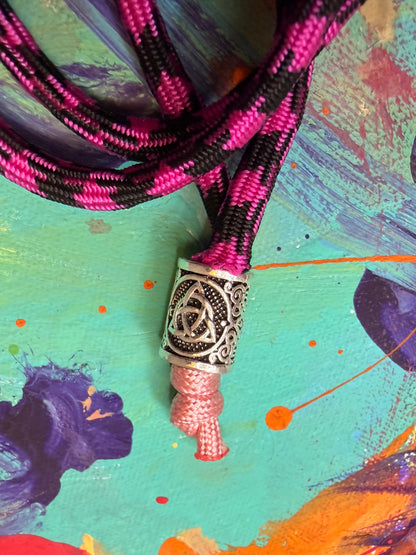 Pink & Black Paracord EDC - Frameless Slingshot w/ Nordic Charm - Black Leather