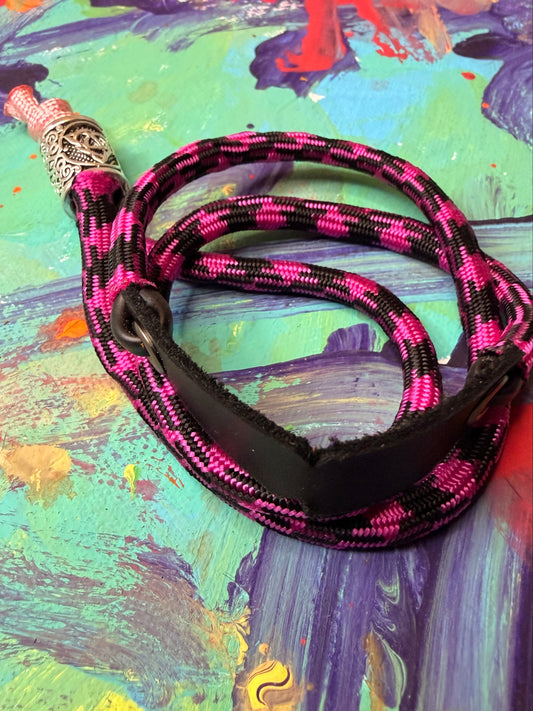 Pink & Black Paracord EDC - Frameless Slingshot w/ Nordic Charm - Black Leather